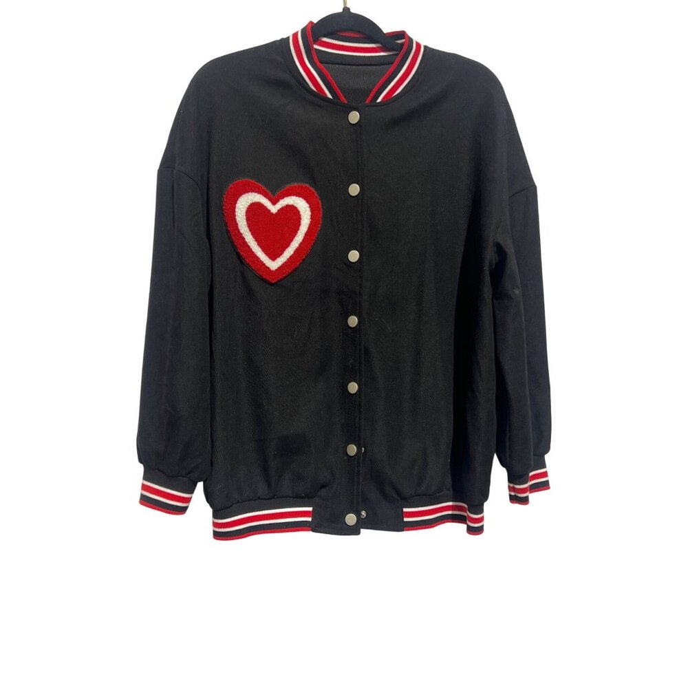 Shein Black Varsity Jacket With Heart Patch Size M Polyester For Women